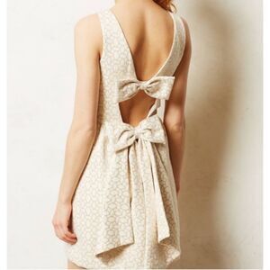 Anthropologie Erin Fetherston Cream Metallic Gold Bow Back Dress Women's Size 4